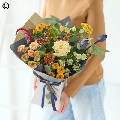 wild pastel flower and foliage handtied bouquet in a gift box