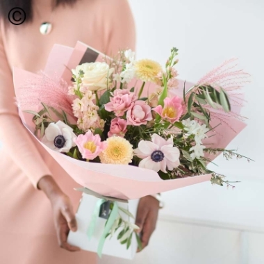 wild pastel flower and foliage handtied bouquet in a gift box